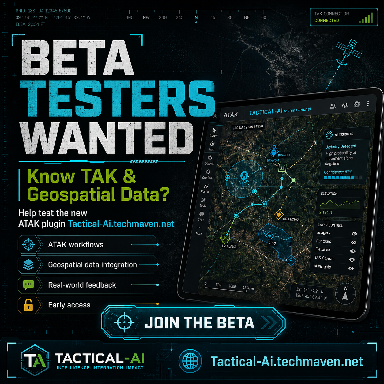Beta Testers Wanted &mdash; Help test the new ATAK plugin Tactical AI DuckDB. Know TAK & geospatial data? Join the beta.